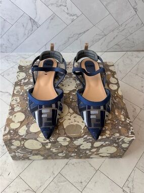 Fendi Navy Blue FF Jacquard Pointed Slingback Flats